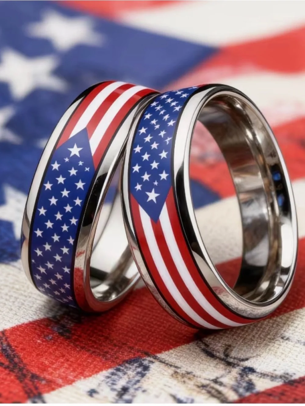 American Flag Tungsten Stainless Steel Patriotic Ring USA Red, White, Blue